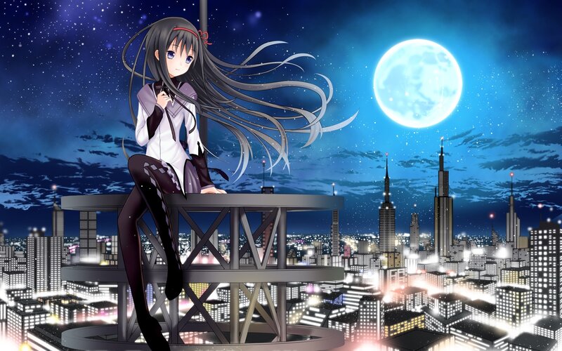 anime girl on rooftop at night