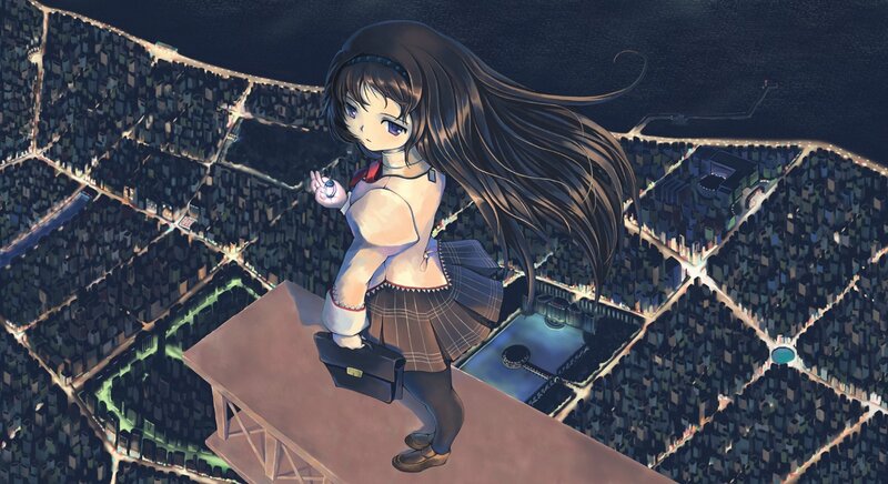 anime girl on rooftop at night
