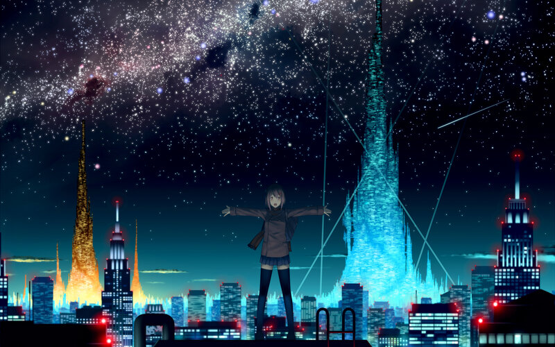 Anime girl on rooftop at night
