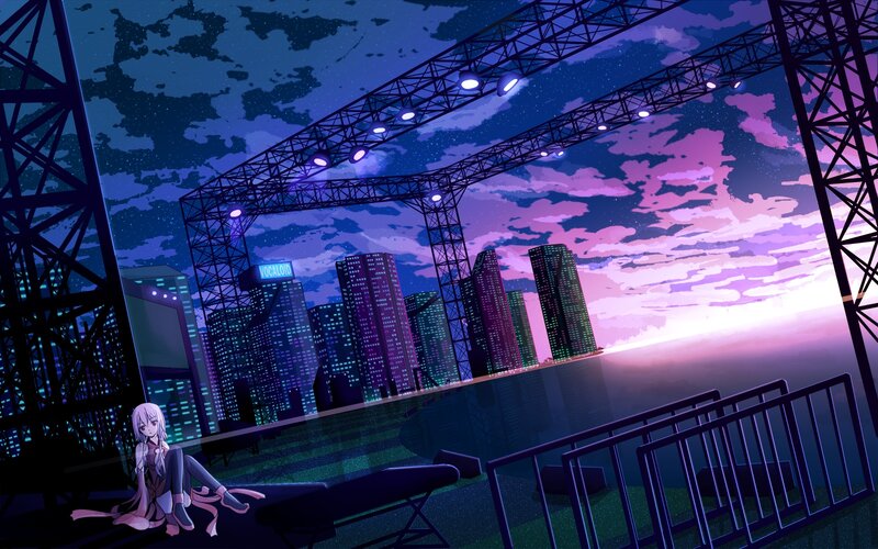 Anime girl on rooftop at night