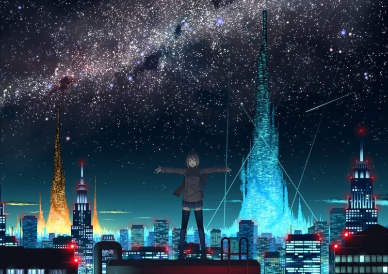 Anime girl on rooftop at night