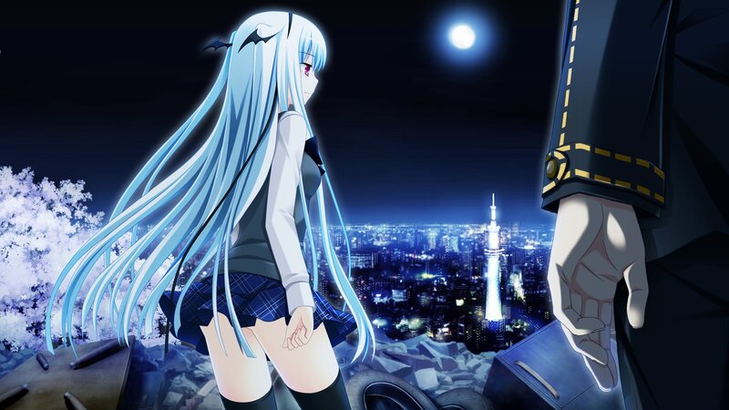 anime girl on rooftop at night