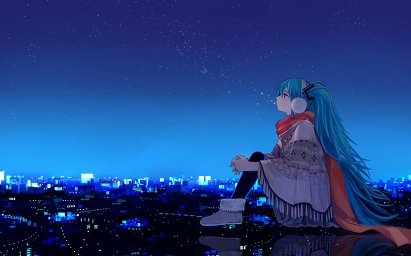 anime girl on rooftop at night