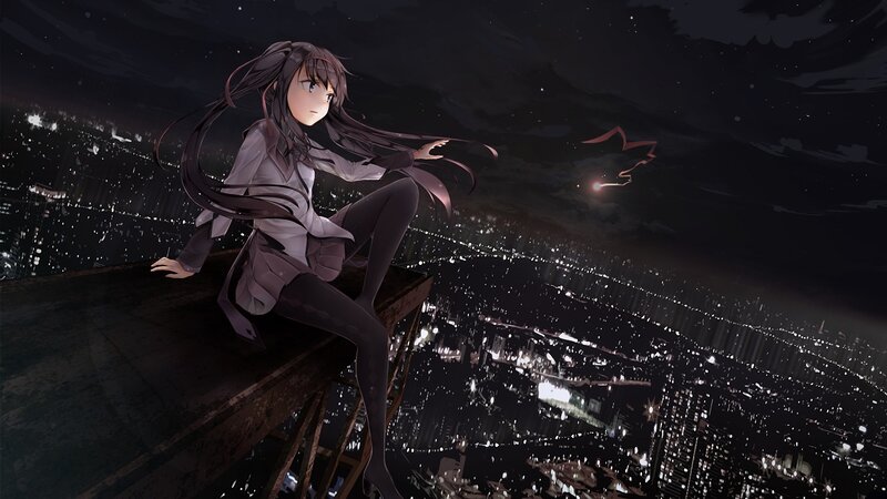 anime girl on rooftop at night