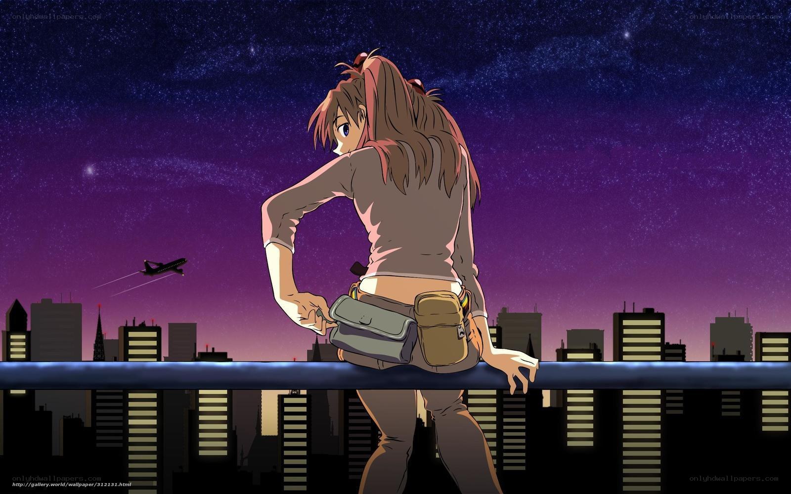 anime girl on rooftop at night