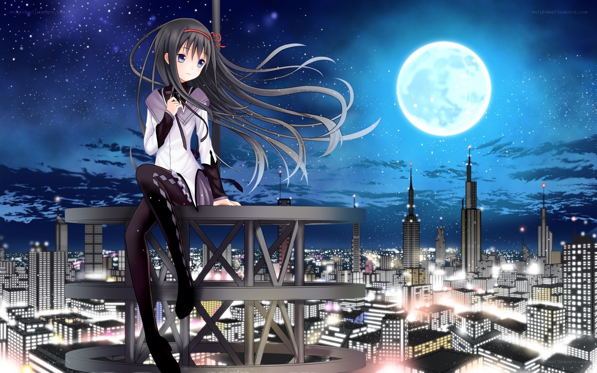 anime girl on rooftop at night