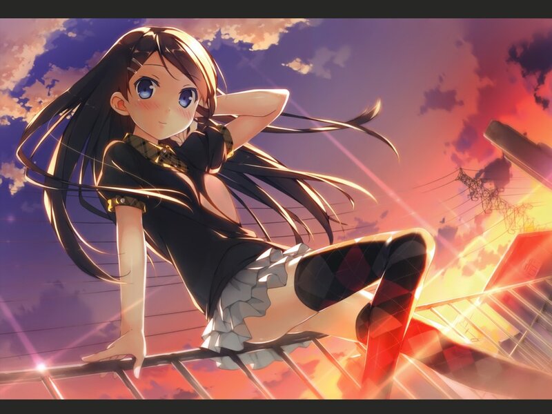 anime girl on rooftop at sunset