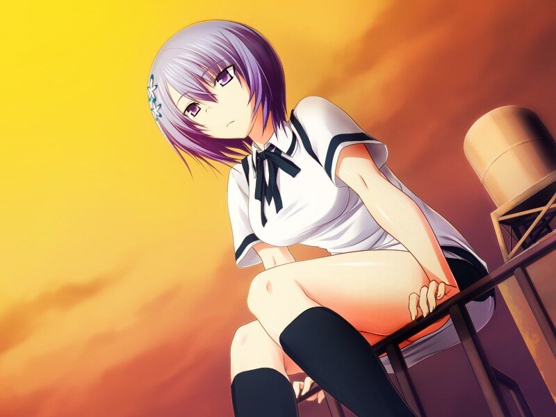 anime girl on rooftop at sunset