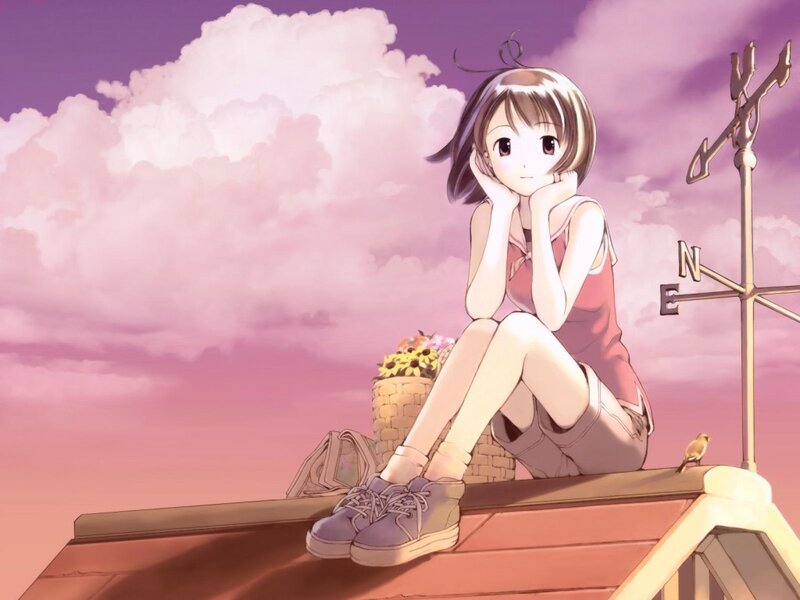 anime girl on rooftop at sunset