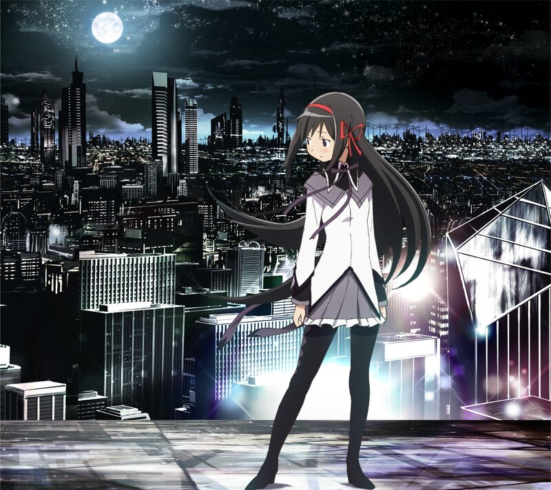 Anime Girl on Rooftop — Black, Dramatic, Night, Cityscape
