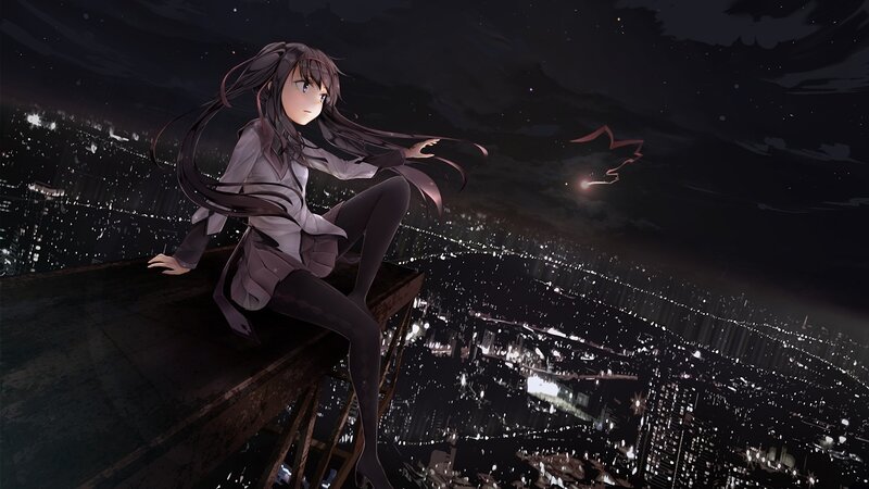 Anime Girl on Rooftop — Black, Dramatic, Night, Digital Art, City Lights