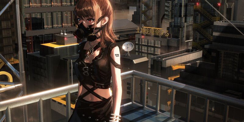 Anime Girl on Rooftop — Black, Dramatic, Night, Digital Art, Gas Mask
