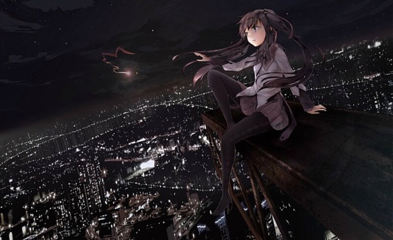 Anime Girl on Rooftop — Black, Dramatic, Night, Digital Art