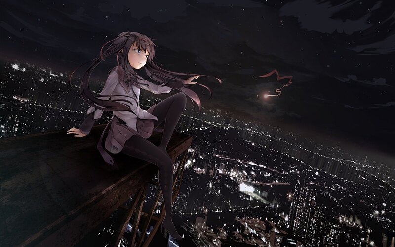 Anime Girl on Rooftop — Black, Dramatic, Night