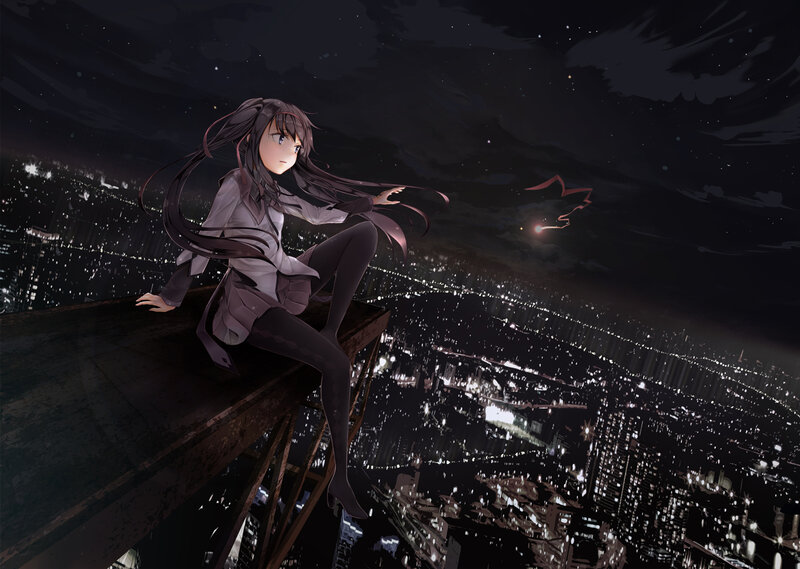 Anime Girl on Rooftop — Black