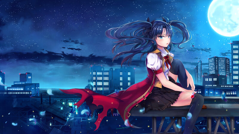 Anime Girl on Rooftop — Blue, Dramatic, Night, Digital Art, City Skyline