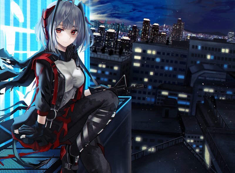 Anime Girl on Rooftop — Blue, Dramatic, Night, Digital Art, Cityscape, Gun