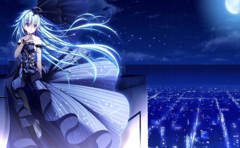 Anime Girl on Rooftop — Blue, Dramatic, Night, Digital Art, Cityscape