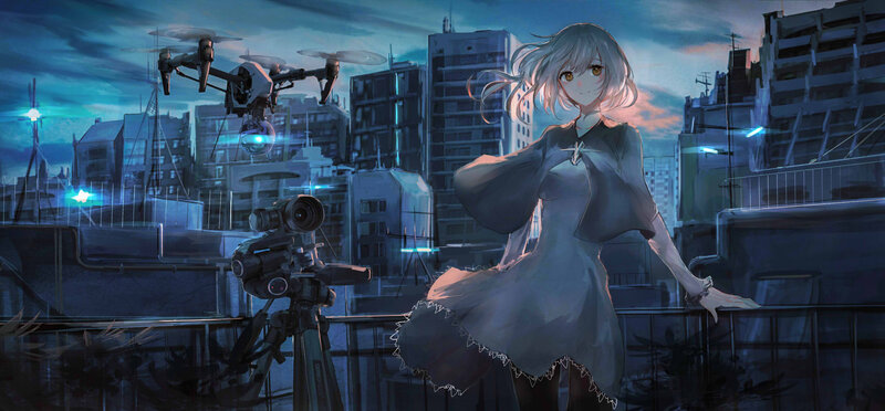 Anime Girl on Rooftop — Blue, Dramatic, Night, Digital Art, Drone