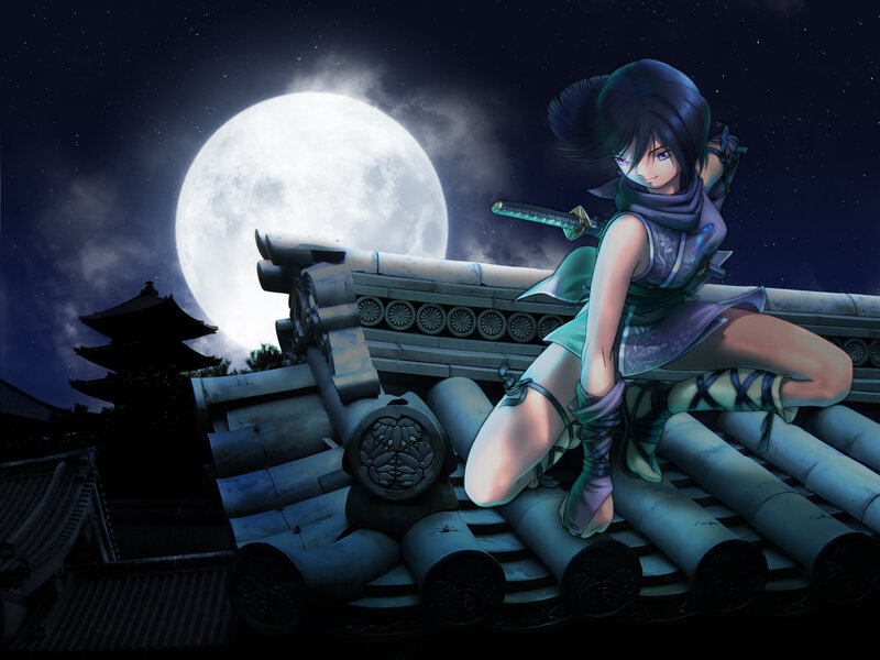 Anime Girl on Rooftop — Blue, Dramatic, Night, Digital Art, Moon