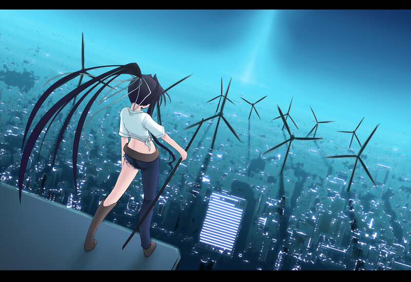 Anime Girl on Rooftop — Blue, Dramatic, Night, Digital Art, Wind Turbines, Cityscape