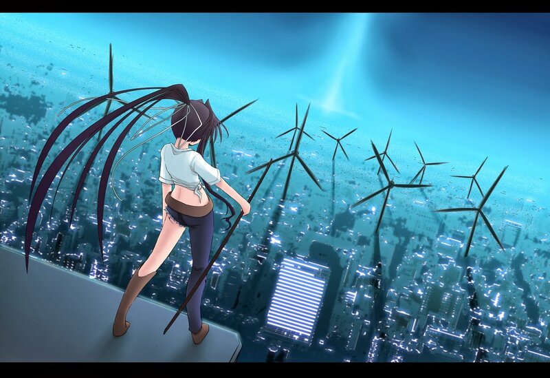 Anime Girl on Rooftop — Blue, Dramatic, Night, Wind Turbines