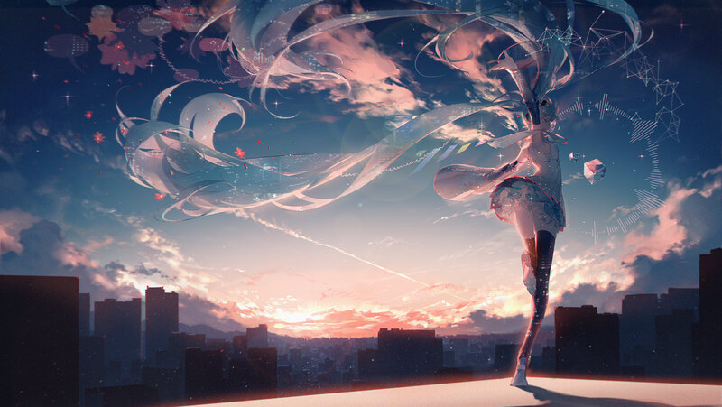 Anime Girl on Rooftop — Blue, Dramatic, Sunset, Digital Art, City Skyline