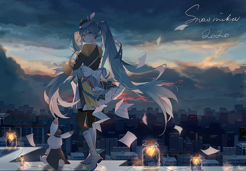 Anime Girl on Rooftop — Blue, Dramatic, Sunset, Digital Art, Cityscape, Lanterns