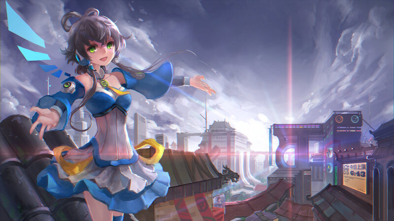 Anime Girl on Rooftop — Blue, Dramatic, Sunset, Digital Art, Cityscape