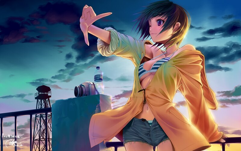 Anime Girl on Rooftop — Blue, Dramatic, Sunset, Digital Art