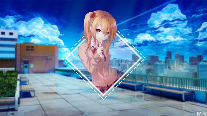 Anime Girl on Rooftop — Blue, Serene, Afternoon, Cityscape, Clouds