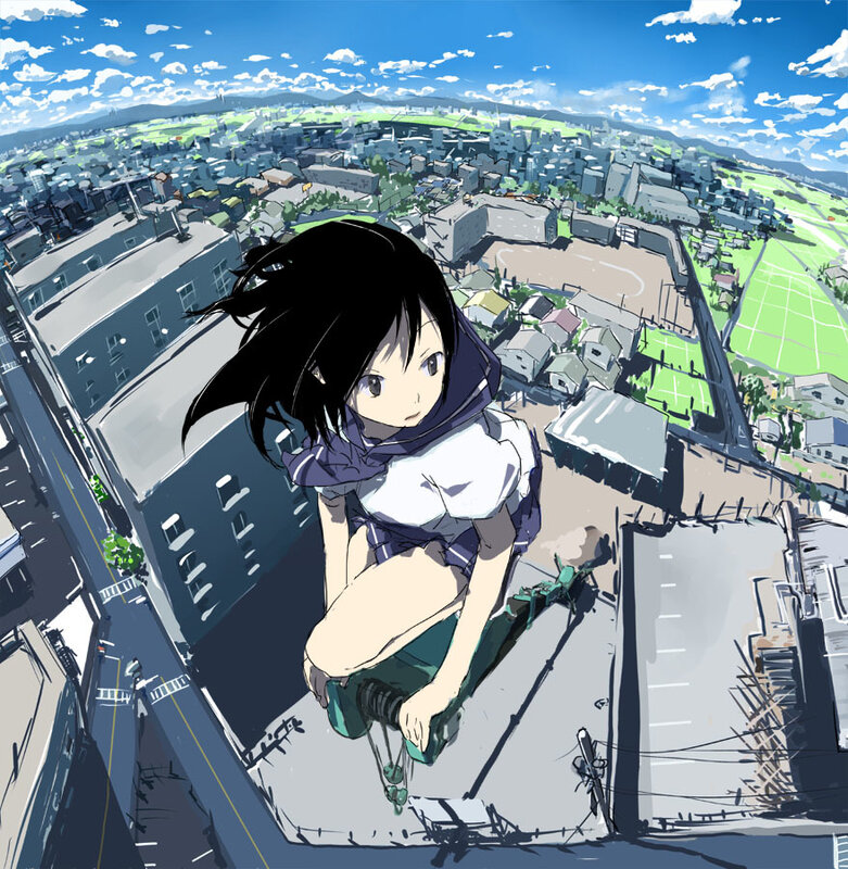 Anime Girl on Rooftop — Blue, Serene, Afternoon, Cityscape