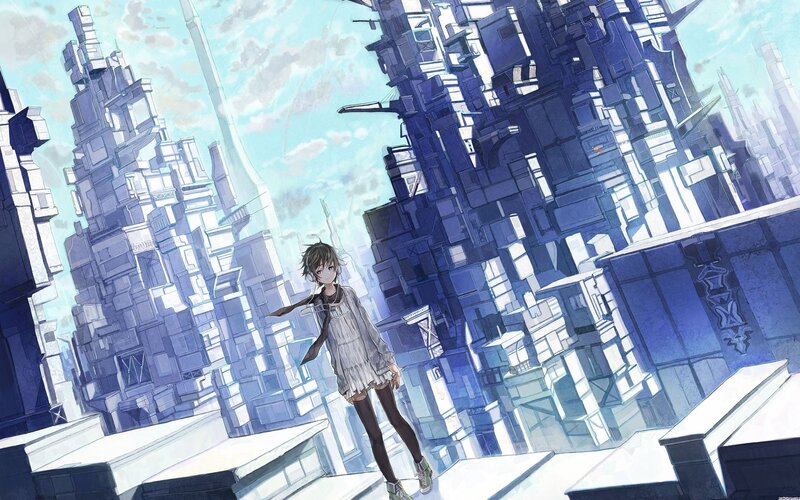 Anime Girl on Rooftop — Blue, Serene, Afternoon, Digital Art