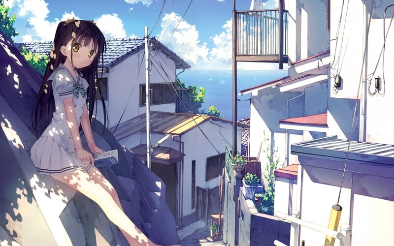 Anime Girl on Rooftop — Blue, Serene, Afternoon, Houses