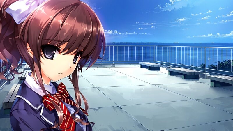 Anime Girl on Rooftop — Blue, Serene, Afternoon, School Uniform, Ocean