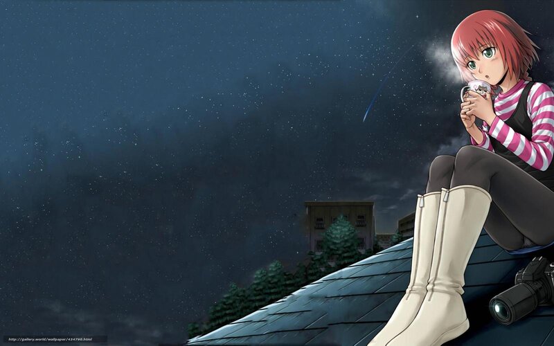 Anime Girl on Rooftop — Blue, Serene, Night, Camera