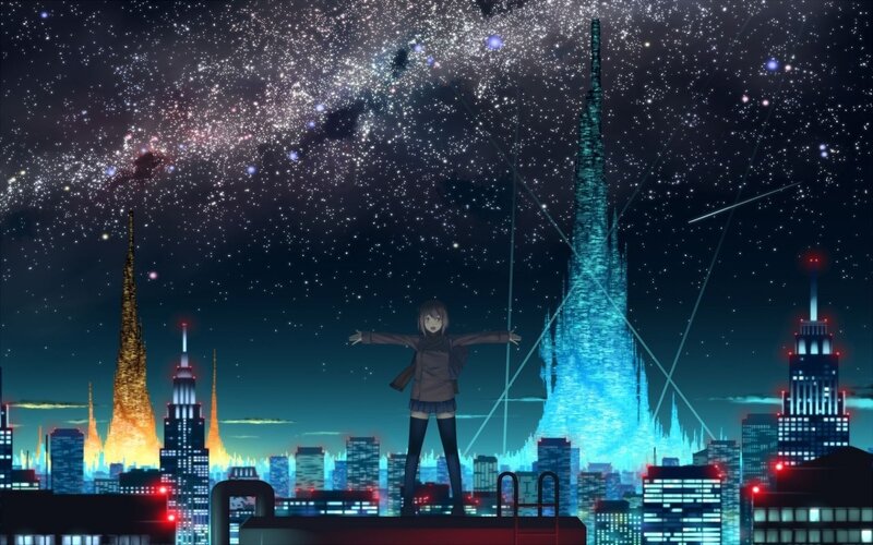 Anime Girl on Rooftop — Blue, Serene, Night, City Skyline