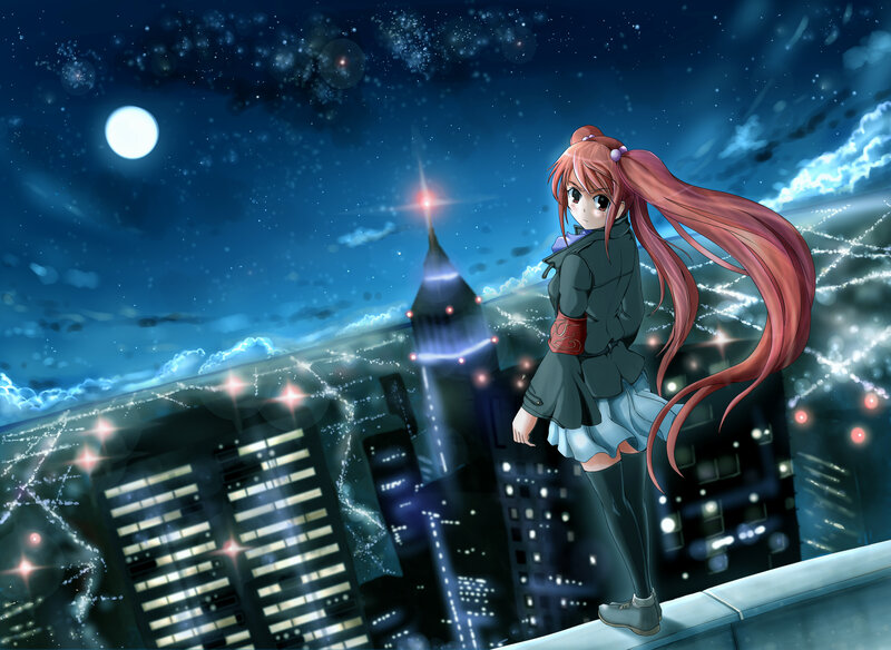Anime Girl on Rooftop — Blue, Serene, Night, Digital Art, Cityscape