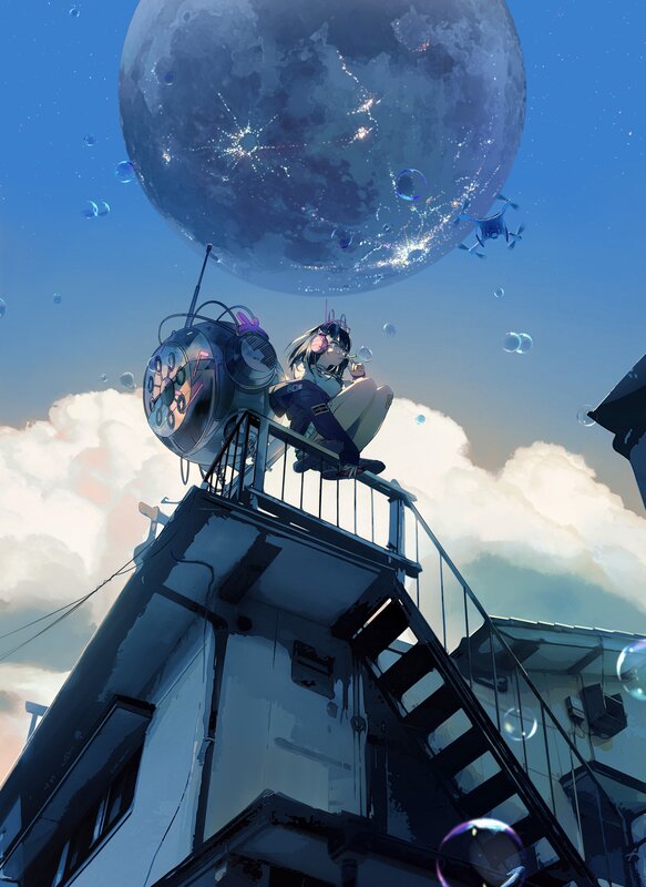 Anime Girl on Rooftop — Blue, Serene, Night, Digital Art, Moon