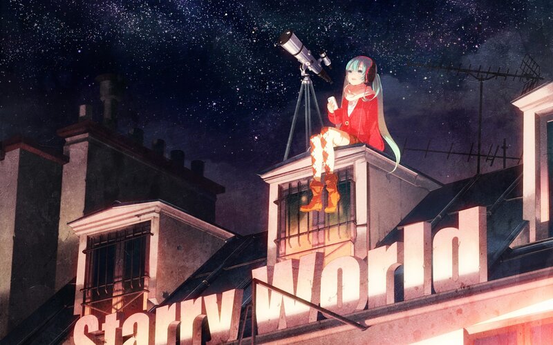 Anime Girl on Rooftop — Blue, Serene, Night, Digital Art, Telescope