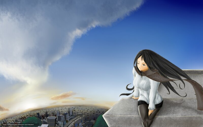 Anime Girl on Rooftop — Blue, Serene, Sunset