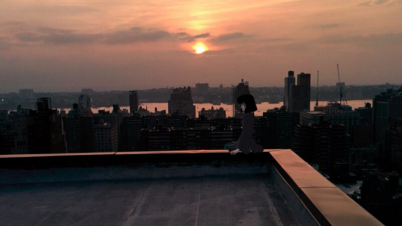 Anime Girl on Rooftop — Orange, Dramatic, Sunset, Cityscape