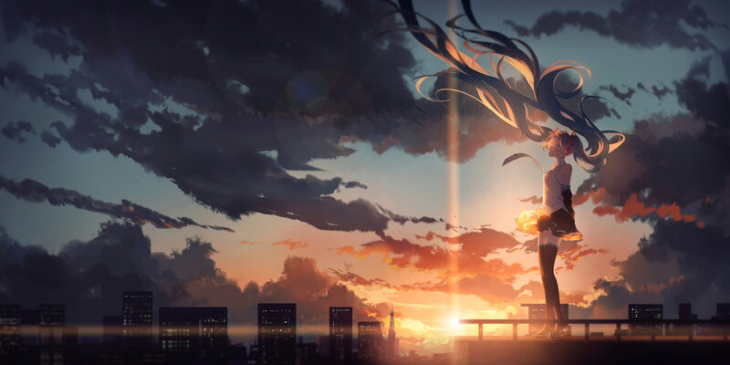 Anime Girl on Rooftop — Orange, Dramatic, Sunset, Digital Art, City Skyline