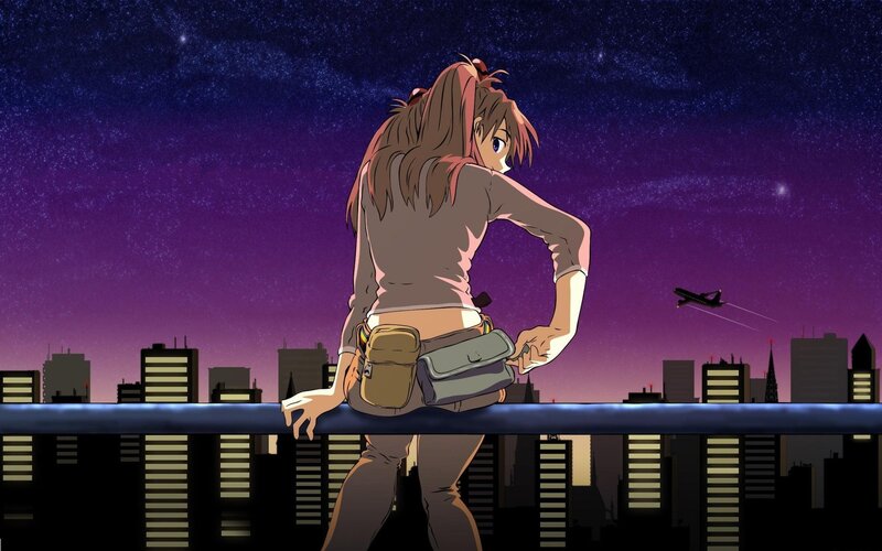 Anime Girl on Rooftop — Purple, Contemplative