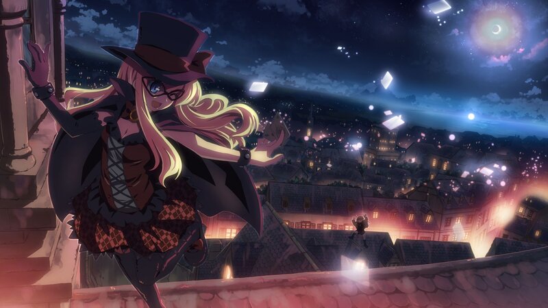 Anime Girl on Rooftop — Purple, Dramatic, Night, Top Hat