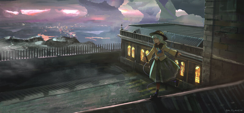 Anime Girl on Rooftop — Purple, Dramatic, Sunset, Digital Art, Building
