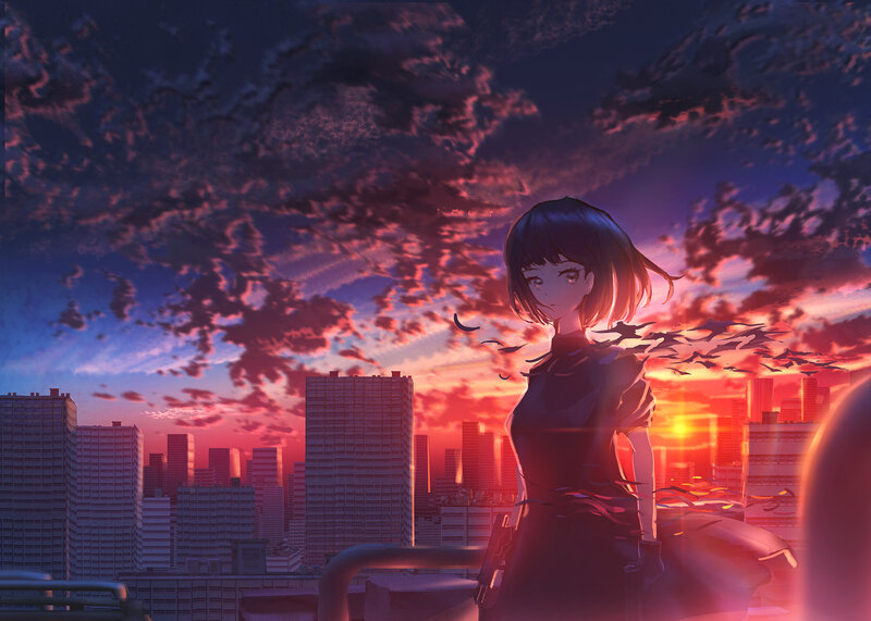 Anime Girl on Rooftop — Purple, Dramatic, Sunset, Digital Art, City Skyline