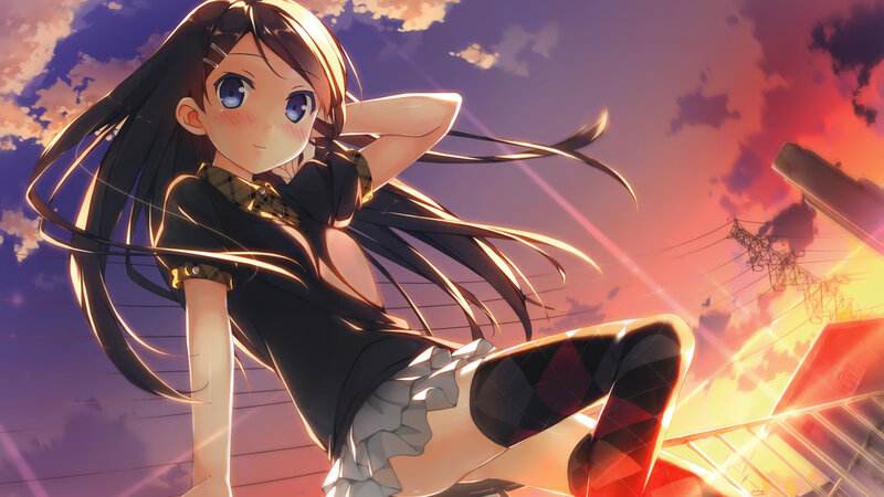 Anime Girl on Rooftop — Purple, Dramatic, Sunset, Digital Art, Sky, Power Lines
