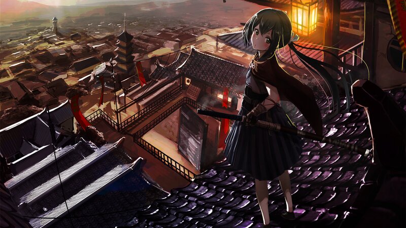 Anime Girl on Rooftop — Purple, Dramatic, Sunset, Digital Art, Sword, Cityscape