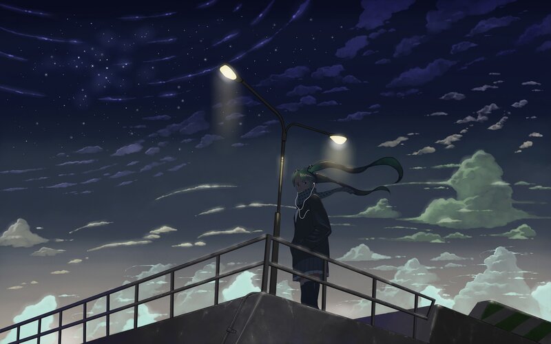 Anime Girl on Rooftop — Purple, Serene, Night, Streetlight